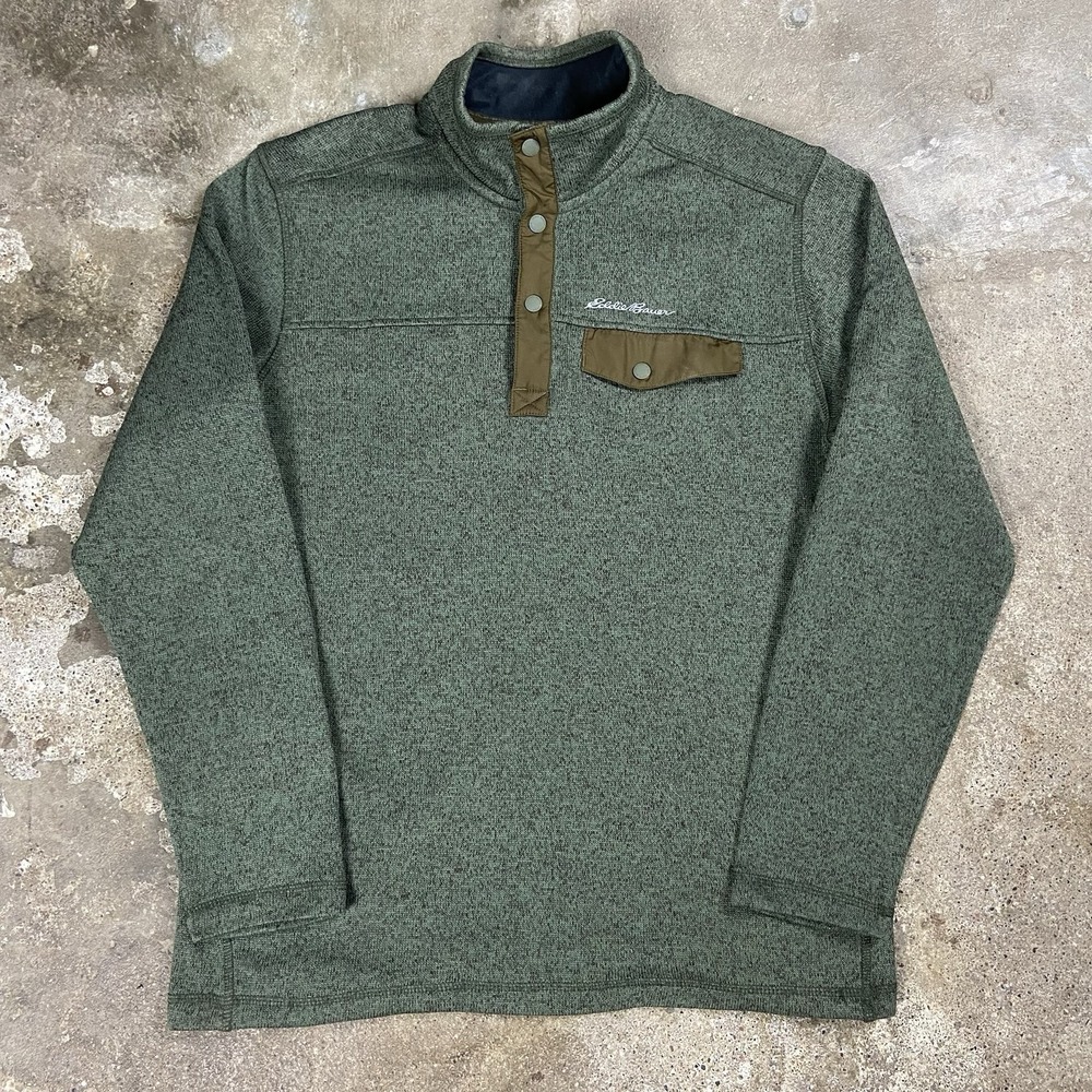 Eddie Bauer Radiator Fleece Size Large Green Snap Mock Pullover Chest Pocket